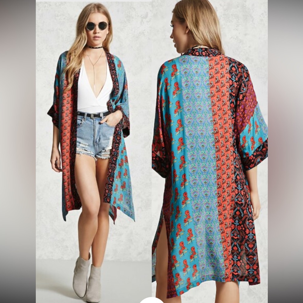 Patchwork‎ Floral Open Front Kimono Cover Up M